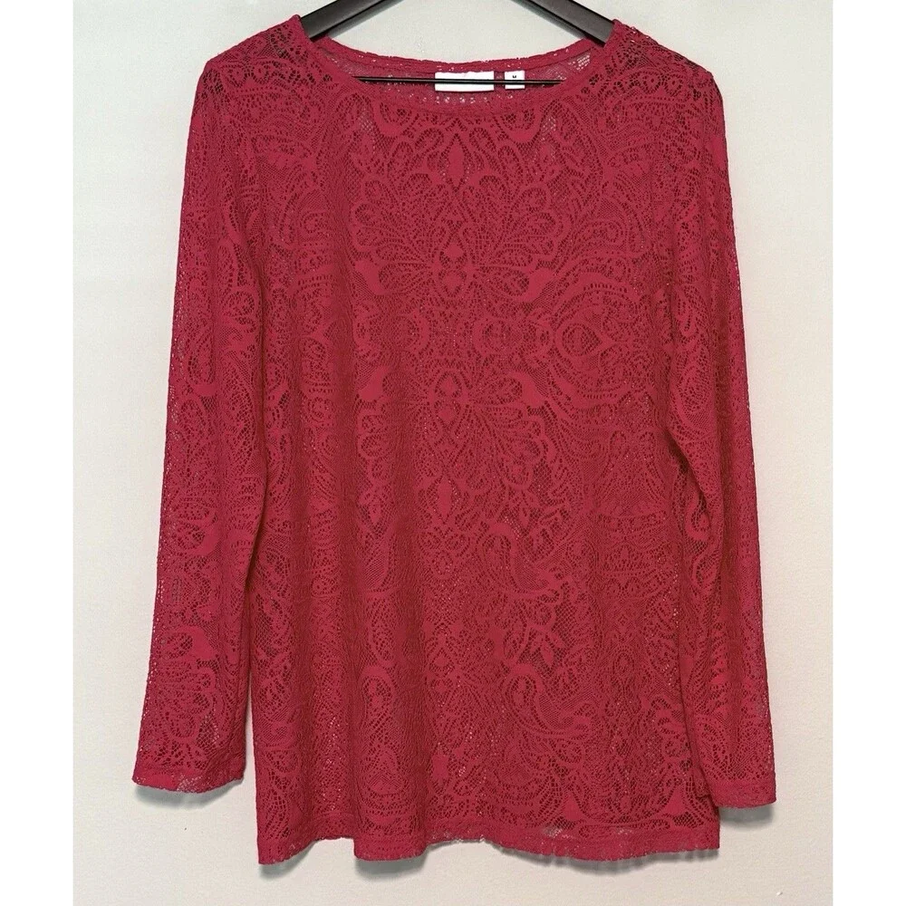 Susan Graver Sheer Lace Tunic Blouse Sz M Fuchsia Popover Longline Layering